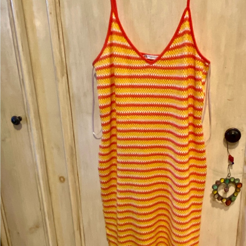 Zara Orange Yellow White Striped Crochet Knit Maxi Dress Size Medium